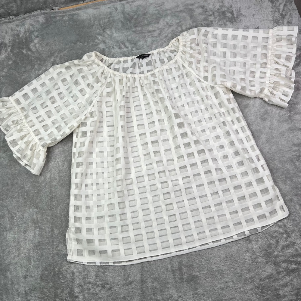 John Mark Blouse Womens Large White Grid Mesh Ruffle Sleeve Sheer‎ Organza Shirt